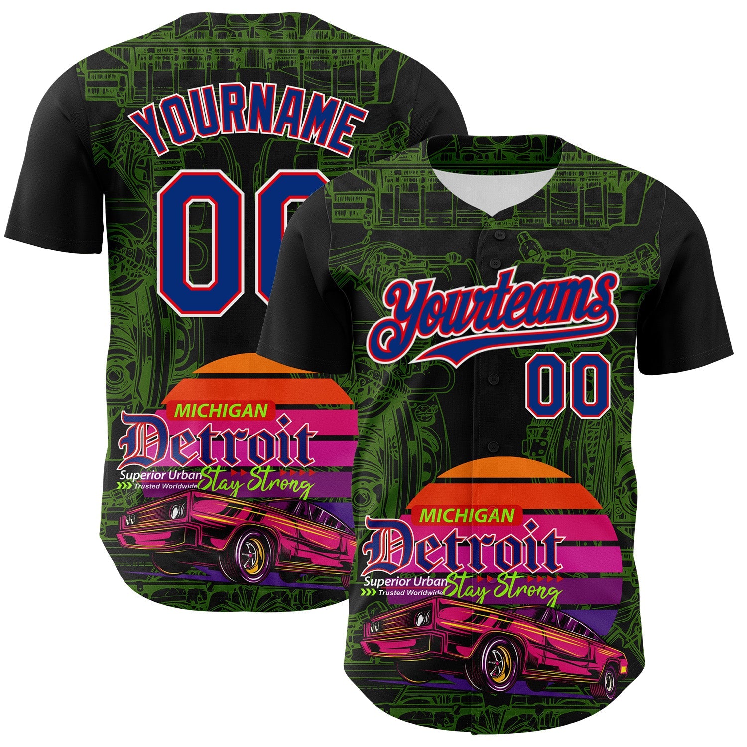Custom Black Royal Green Fire Red-White 3D Pattern Design Detroit Cityscape Muscle Car Engine Authentic Baseball Jersey - Main View