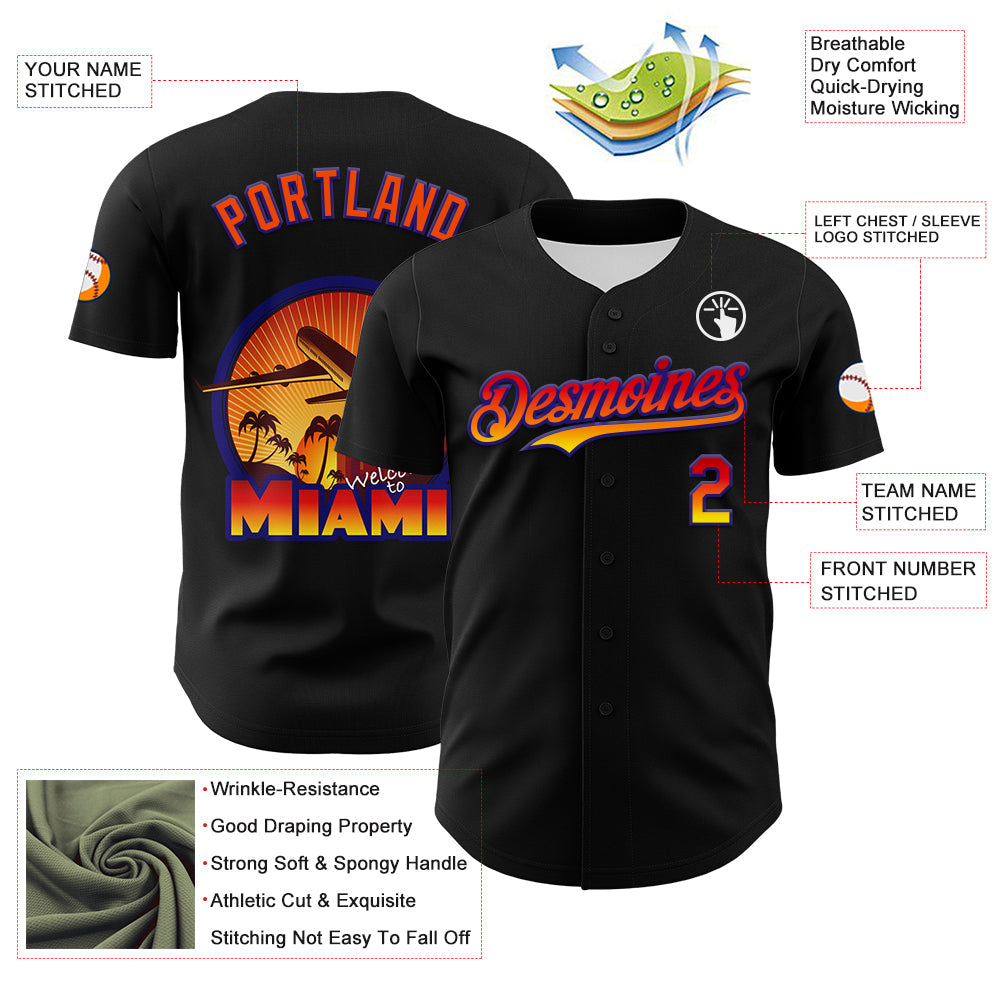 Custom Black Orange-Dark Purple 3D Pattern Design Gradient Miami Cityscape Sunset Authentic Baseball Jersey view 3