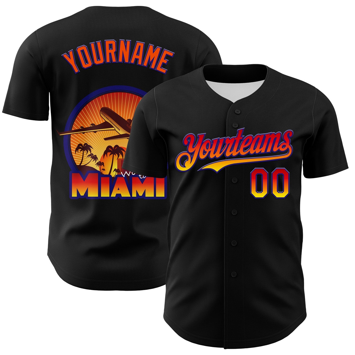 Custom Black Orange-Dark Purple 3D Pattern Design Gradient Miami Cityscape Sunset Authentic Baseball Jersey - Main View