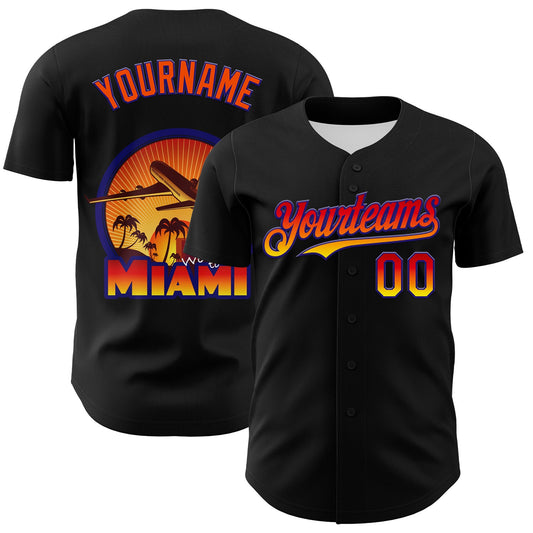 Custom Black Orange-Dark Purple 3D Pattern Design Gradient Miami Cityscape Sunset Authentic Baseball Jersey - Main View