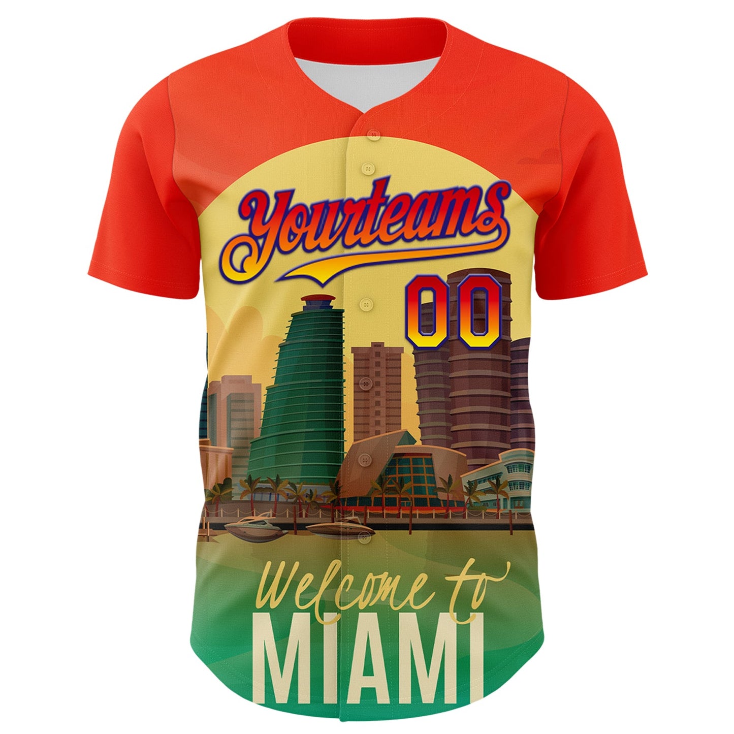 Custom Orange Green Yellow-Dark Purple 3D Pattern Design Gradient Miami Cityscape Sunset Authentic Baseball Jersey view 2