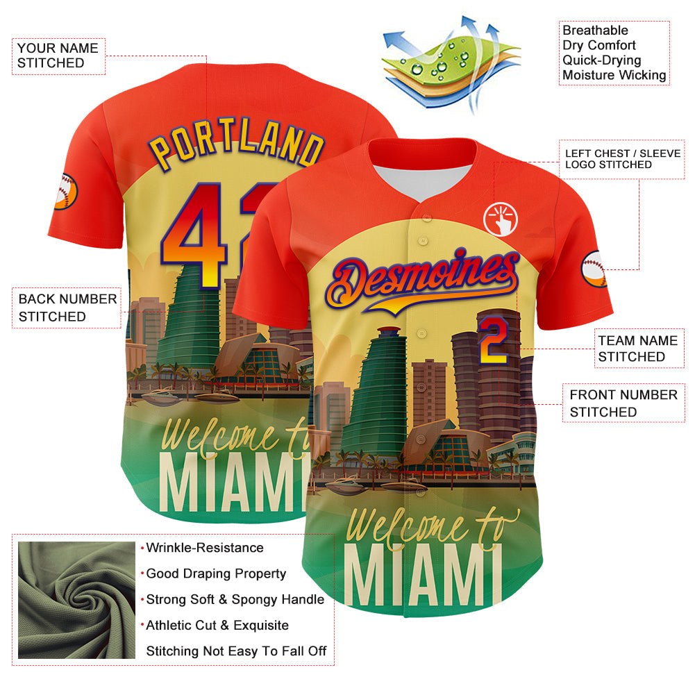 Custom Orange Green Yellow-Dark Purple 3D Pattern Design Gradient Miami Cityscape Sunset Authentic Baseball Jersey view 3