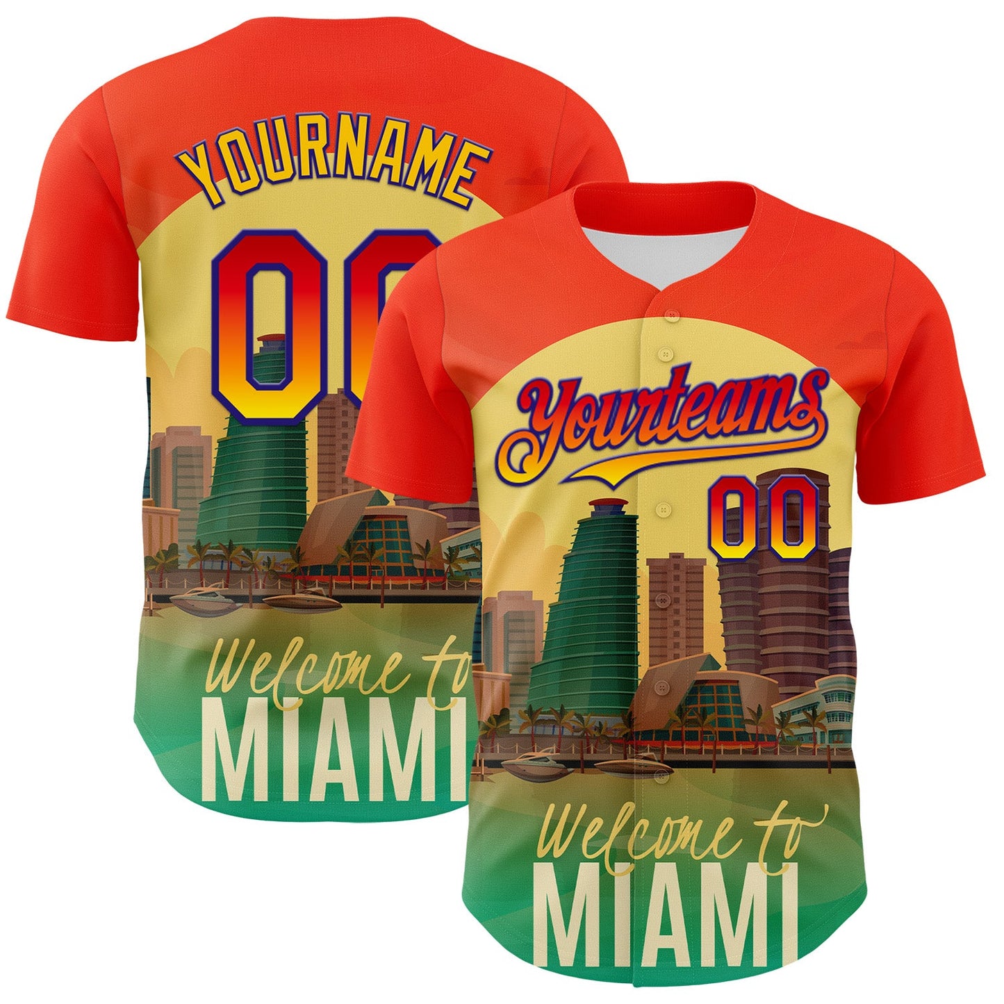 Custom Orange Green Yellow-Dark Purple 3D Pattern Design Gradient Miami Cityscape Sunset Authentic Baseball Jersey - Main View