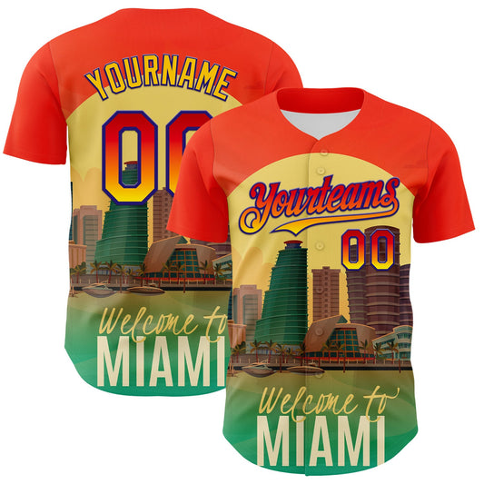 Custom Orange Green Yellow-Dark Purple 3D Pattern Design Gradient Miami Cityscape Sunset Authentic Baseball Jersey - Main View
