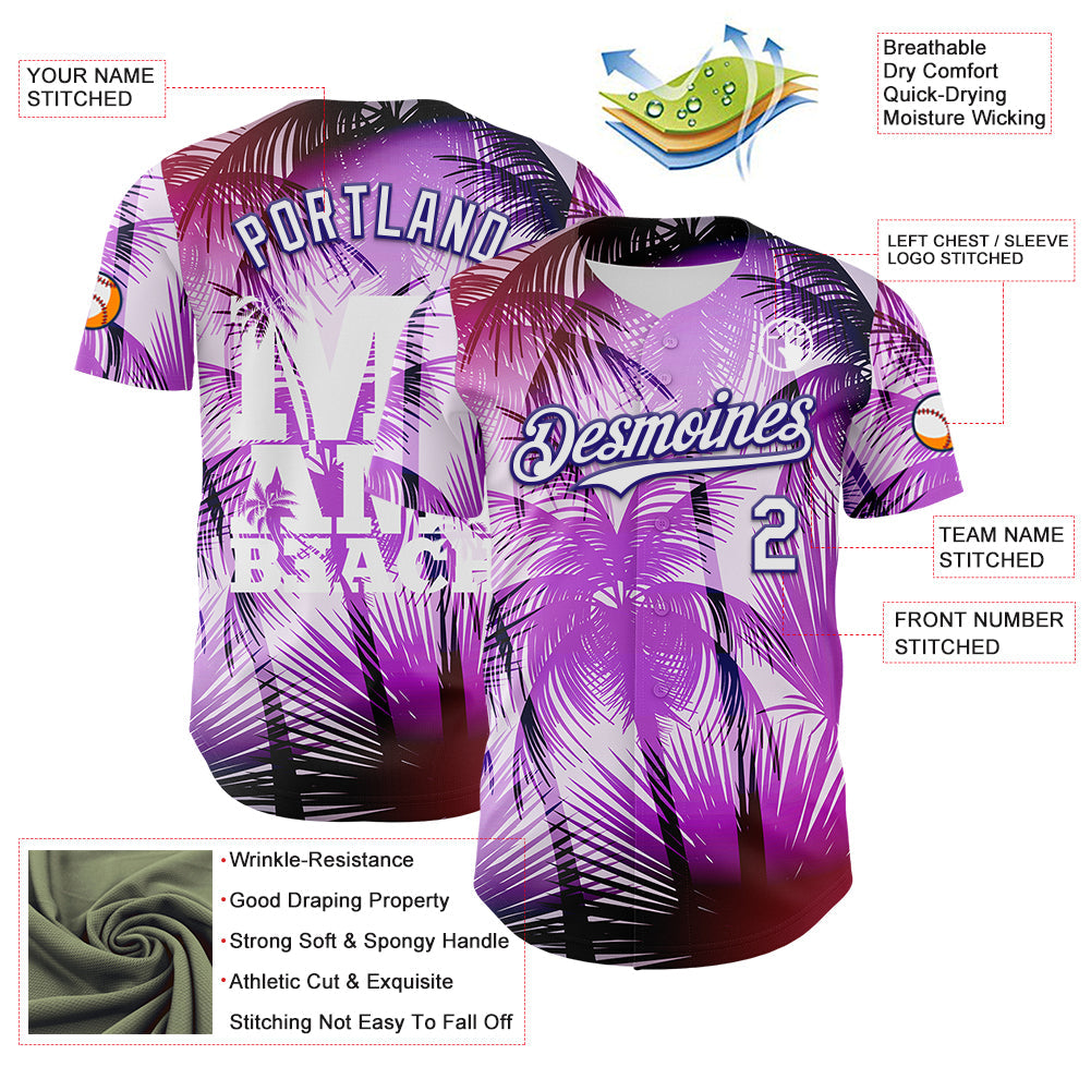 Custom Purple White-Dark Purple 3D Pattern Design Gradient Miami Cityscape Hawaii Tropical Palm Tree Authentic Baseball Jersey view 3