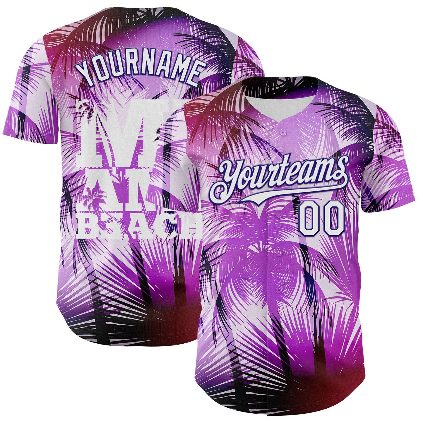 Custom Purple White-Dark Purple 3D Pattern Design Gradient Miami Cityscape Hawaii Tropical Palm Tree Authentic Baseball Jersey - Main View