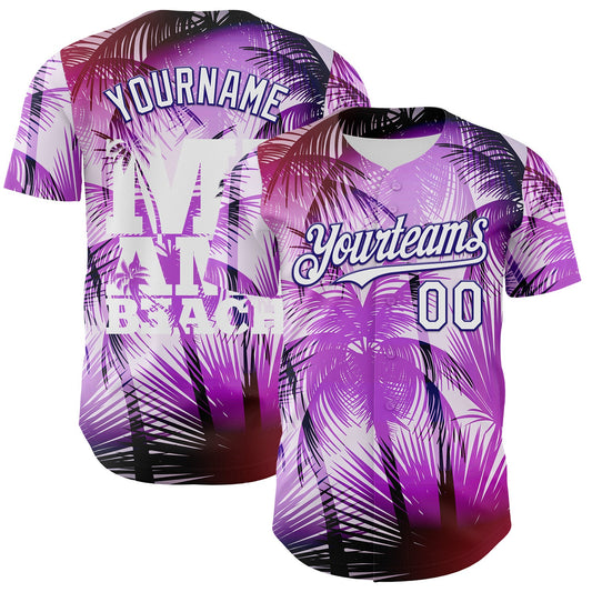 Custom Purple White-Dark Purple 3D Pattern Design Gradient Miami Cityscape Hawaii Tropical Palm Tree Authentic Baseball Jersey - Main View