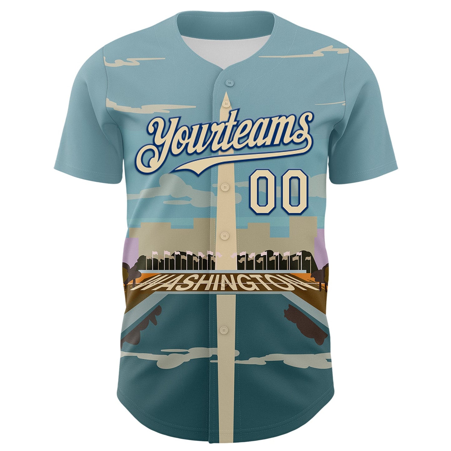 Custom Blue Cream-Royal 3D Pattern Design Washington Cityscape Skyline Authentic Baseball Jersey view 2