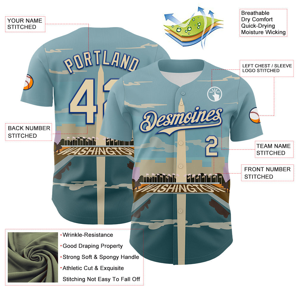 Custom Blue Cream-Royal 3D Pattern Design Washington Cityscape Skyline Authentic Baseball Jersey view 3