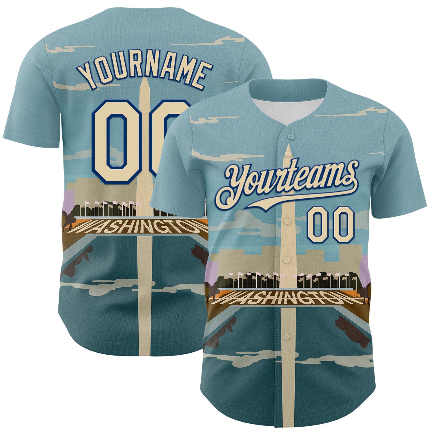 Custom Blue Cream-Royal 3D Pattern Design Washington Cityscape Skyline Authentic Baseball Jersey - Main View