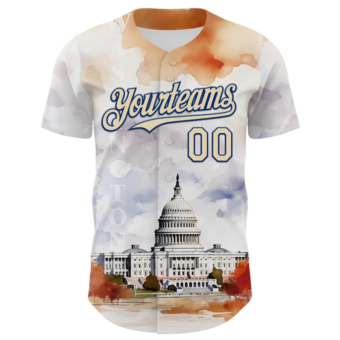 Custom White Cream-Royal 3D Pattern Design Washington Cityscape United States Capitol Authentic Baseball Jersey view 2