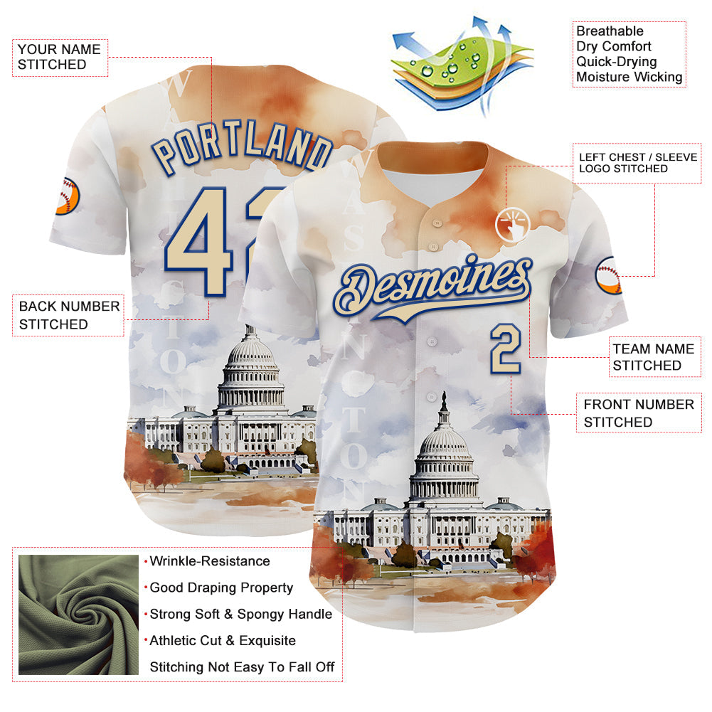 Custom White Cream-Royal 3D Pattern Design Washington Cityscape United States Capitol Authentic Baseball Jersey view 3