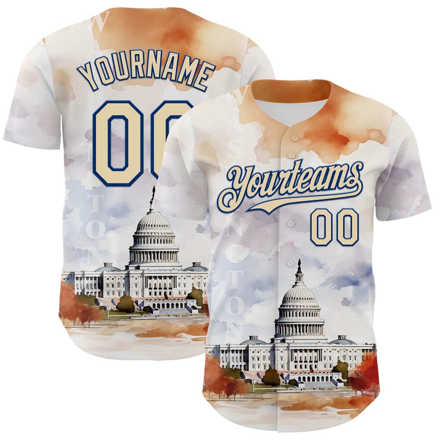 Custom White Cream-Royal 3D Pattern Design Washington Cityscape United States Capitol Authentic Baseball Jersey - Main View