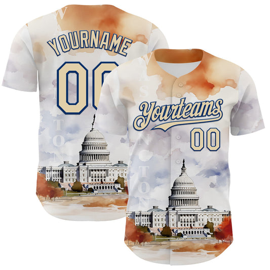 Custom White Cream-Royal 3D Pattern Design Washington Cityscape United States Capitol Authentic Baseball Jersey - Main View