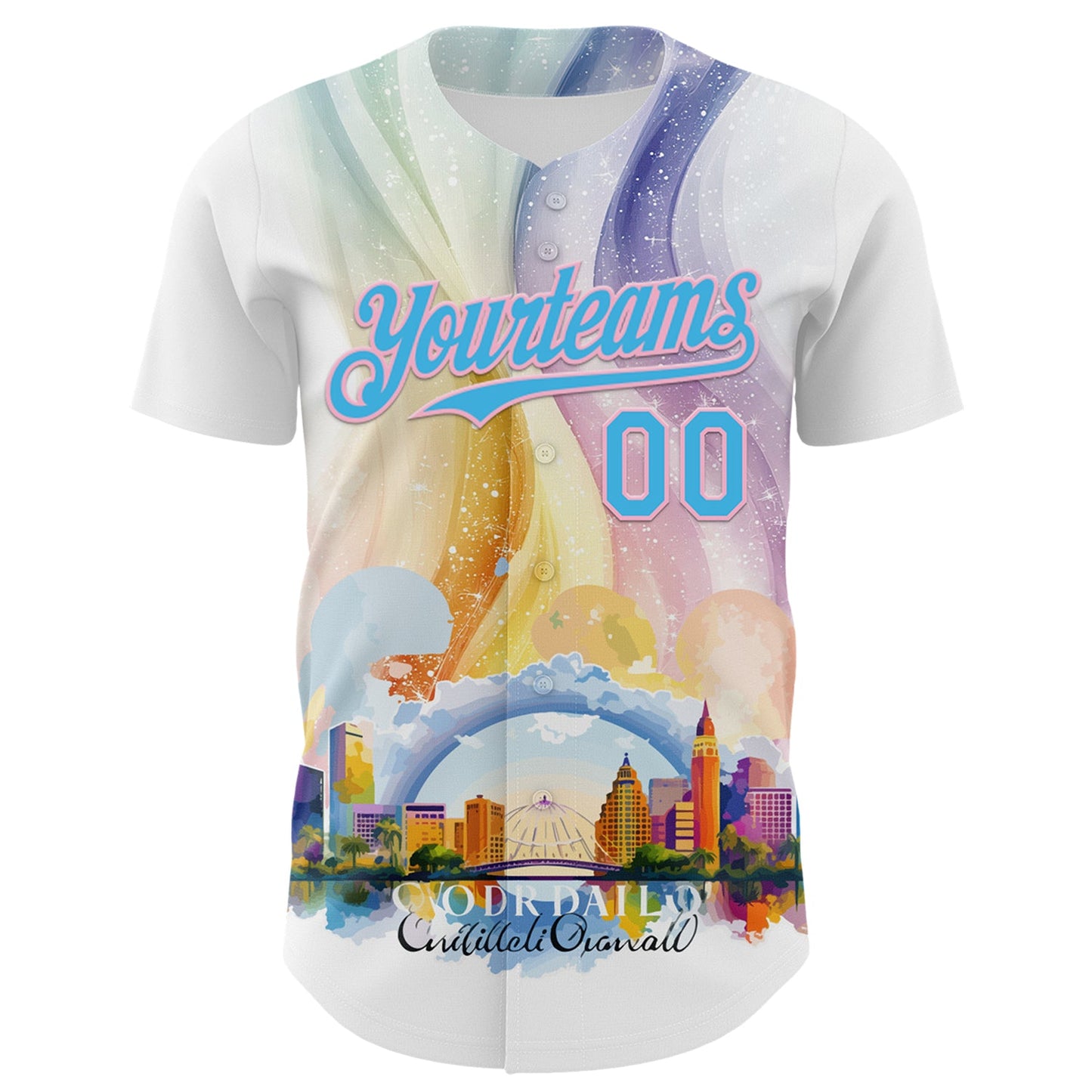 Custom White Sky Blue-Light Pink 3D Pattern Design Orlando Cityscape Skyline Authentic Baseball Jersey view 2