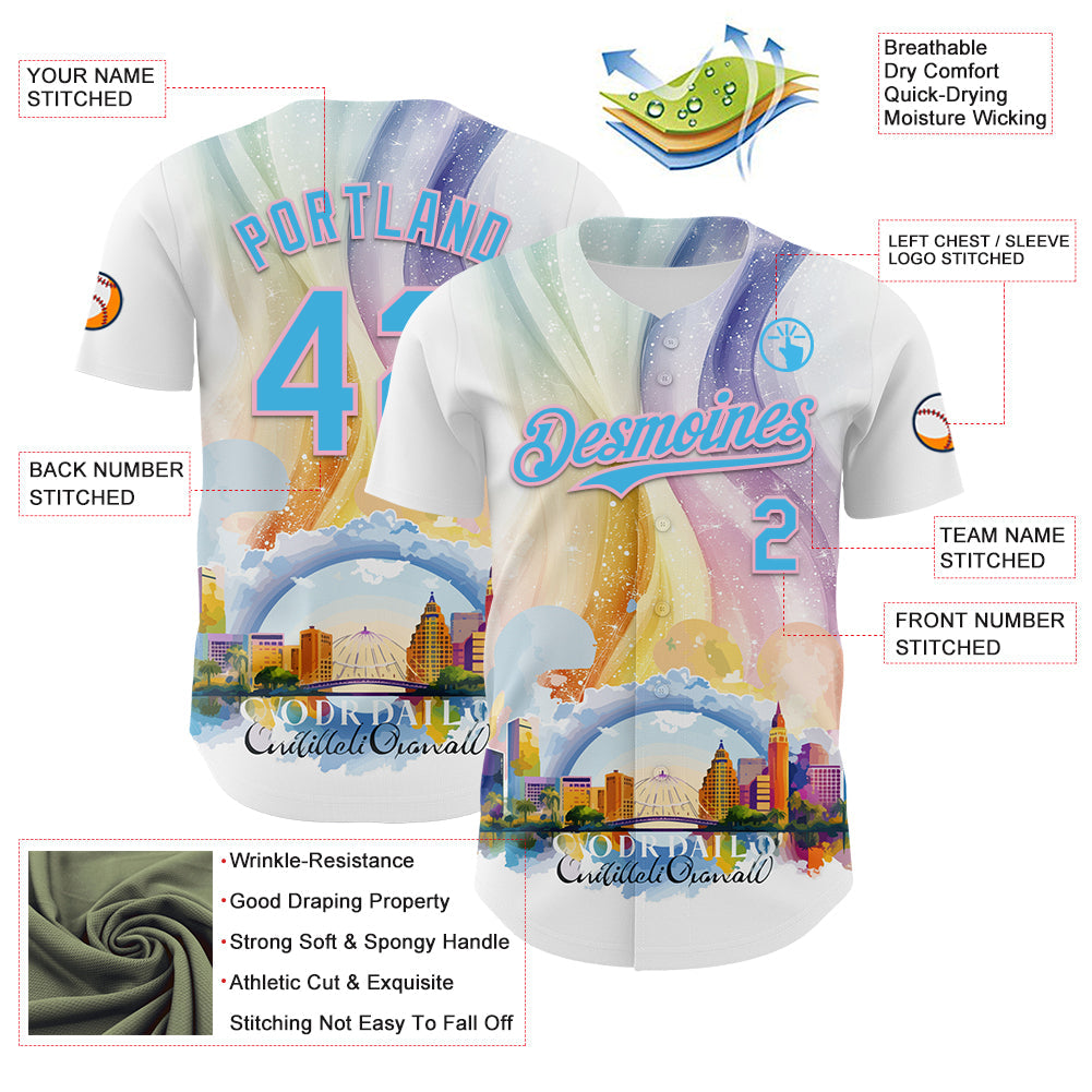 Custom White Sky Blue-Light Pink 3D Pattern Design Orlando Cityscape Skyline Authentic Baseball Jersey view 3