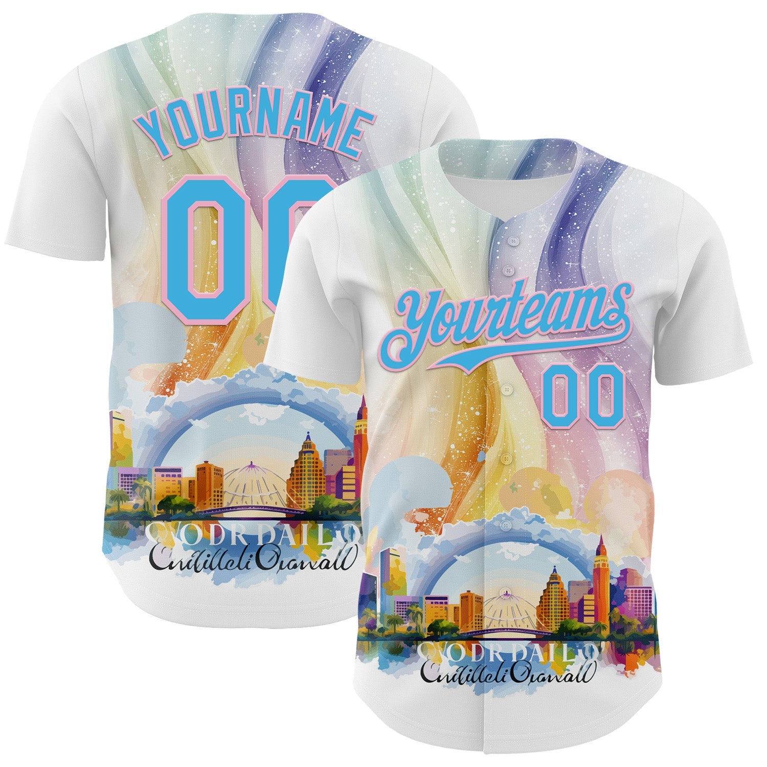 Custom White Sky Blue-Light Pink 3D Pattern Design Orlando Cityscape Skyline Authentic Baseball Jersey - Main View