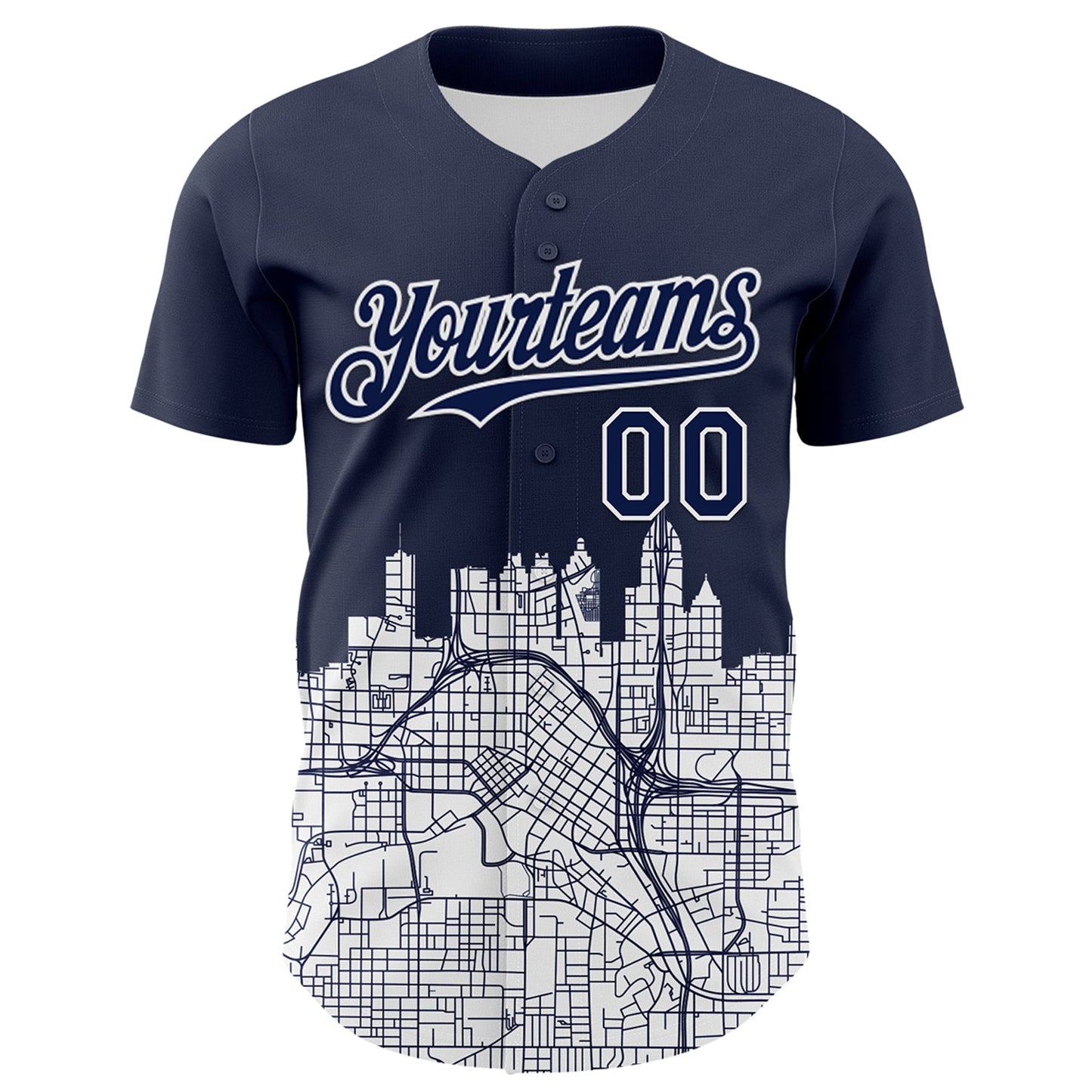 Custom Navy White 3D Pattern Design Atlanta Cityscape Urban Map Authentic Baseball Jersey view 2