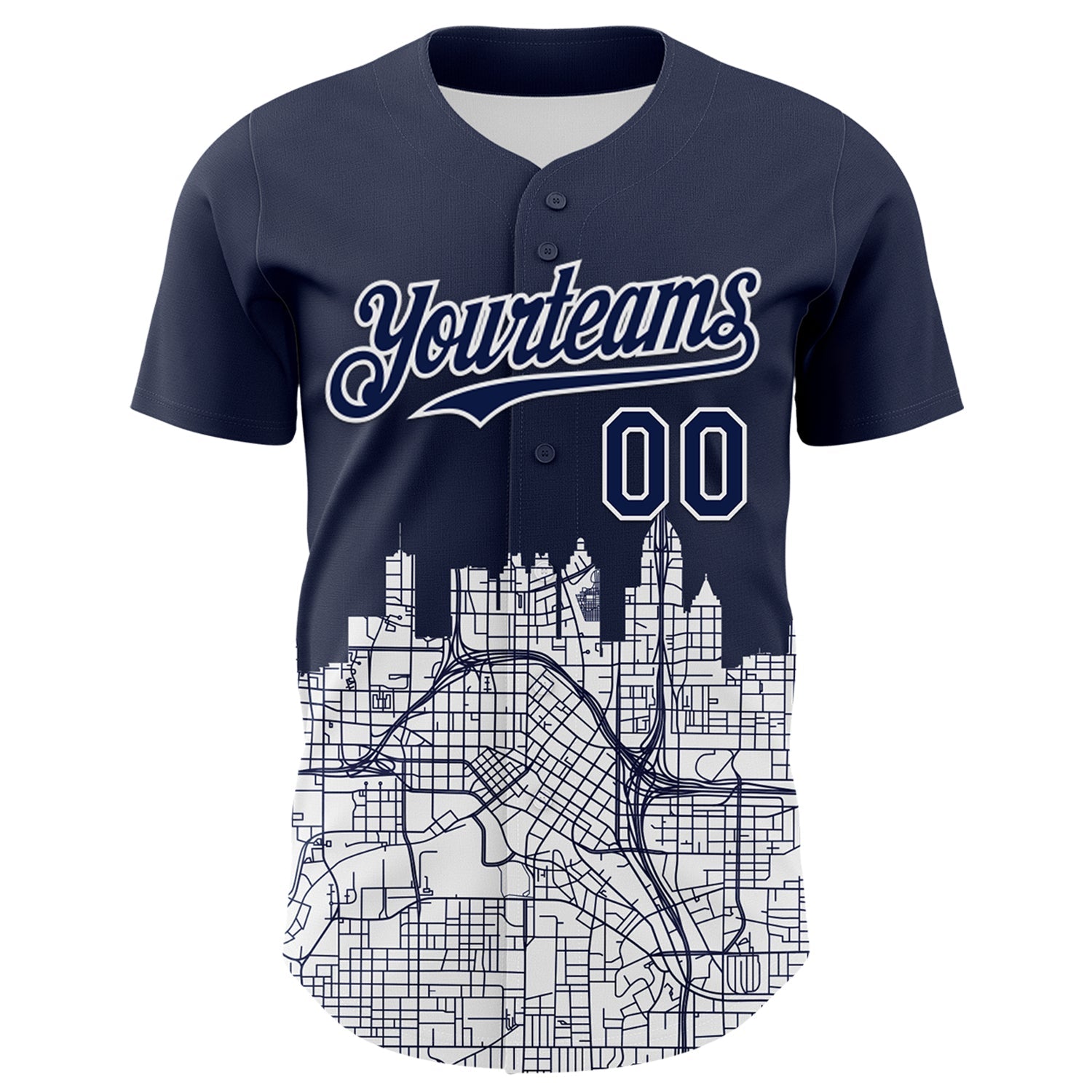 Custom Navy White 3D Pattern Design Atlanta Cityscape Urban Map Authentic Baseball Jersey view 2