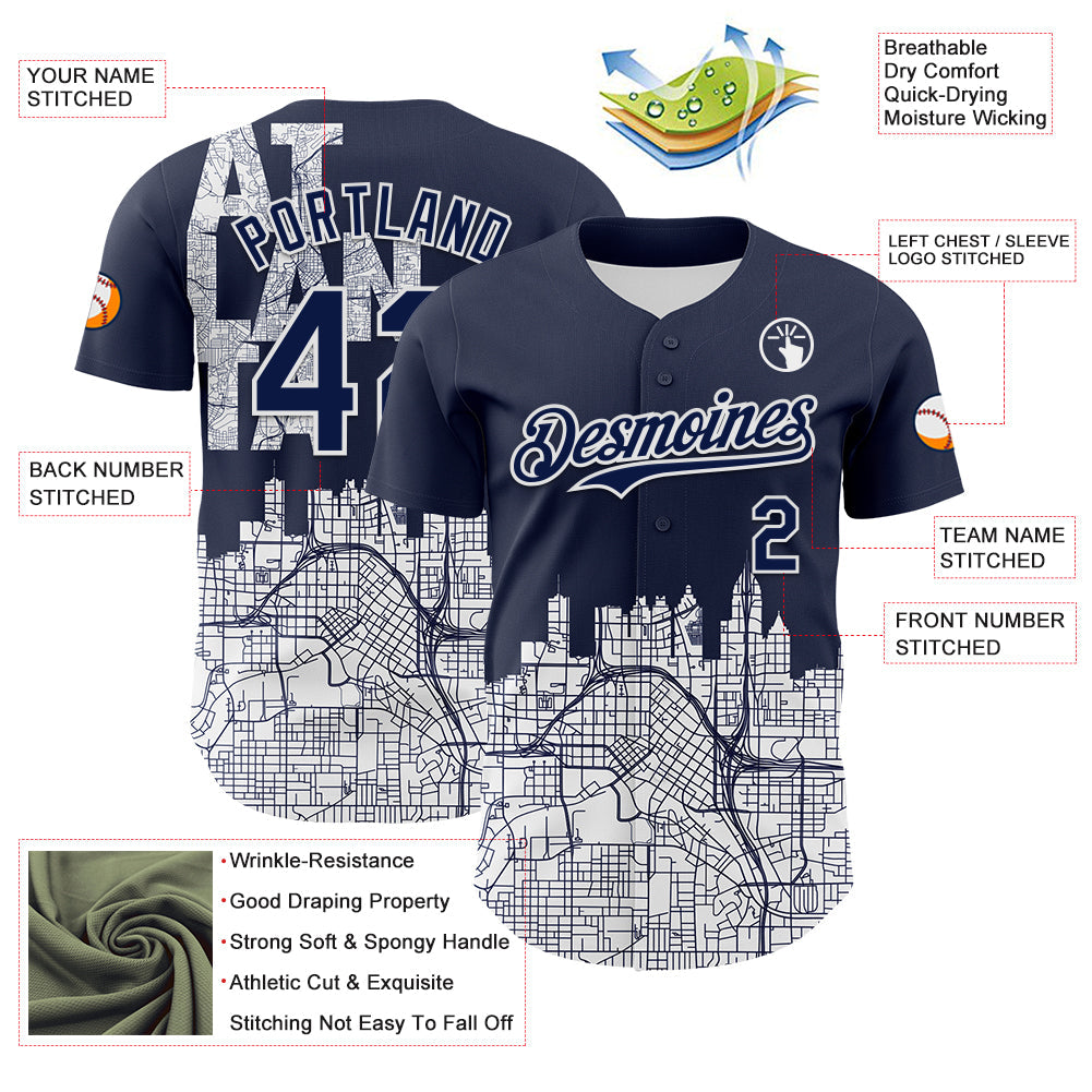 Custom Navy White 3D Pattern Design Atlanta Cityscape Urban Map Authentic Baseball Jersey view 3