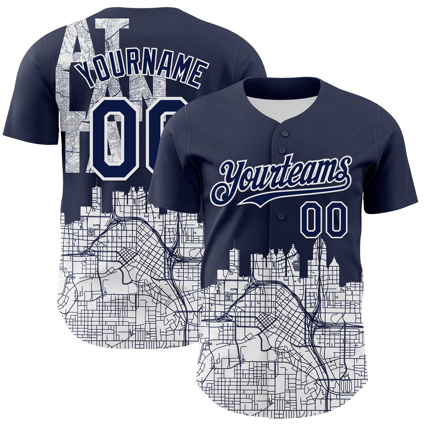 Custom Navy White 3D Pattern Design Atlanta Cityscape Urban Map Authentic Baseball Jersey - Main View
