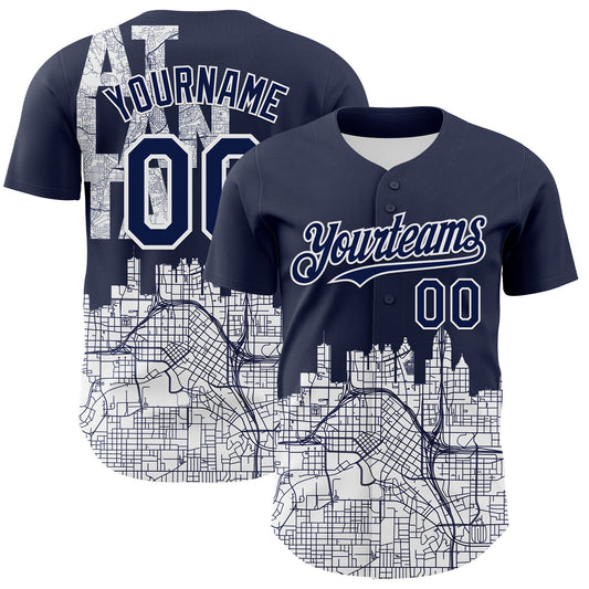 Custom Navy White 3D Pattern Design Atlanta Cityscape Urban Map Authentic Baseball Jersey - Main View