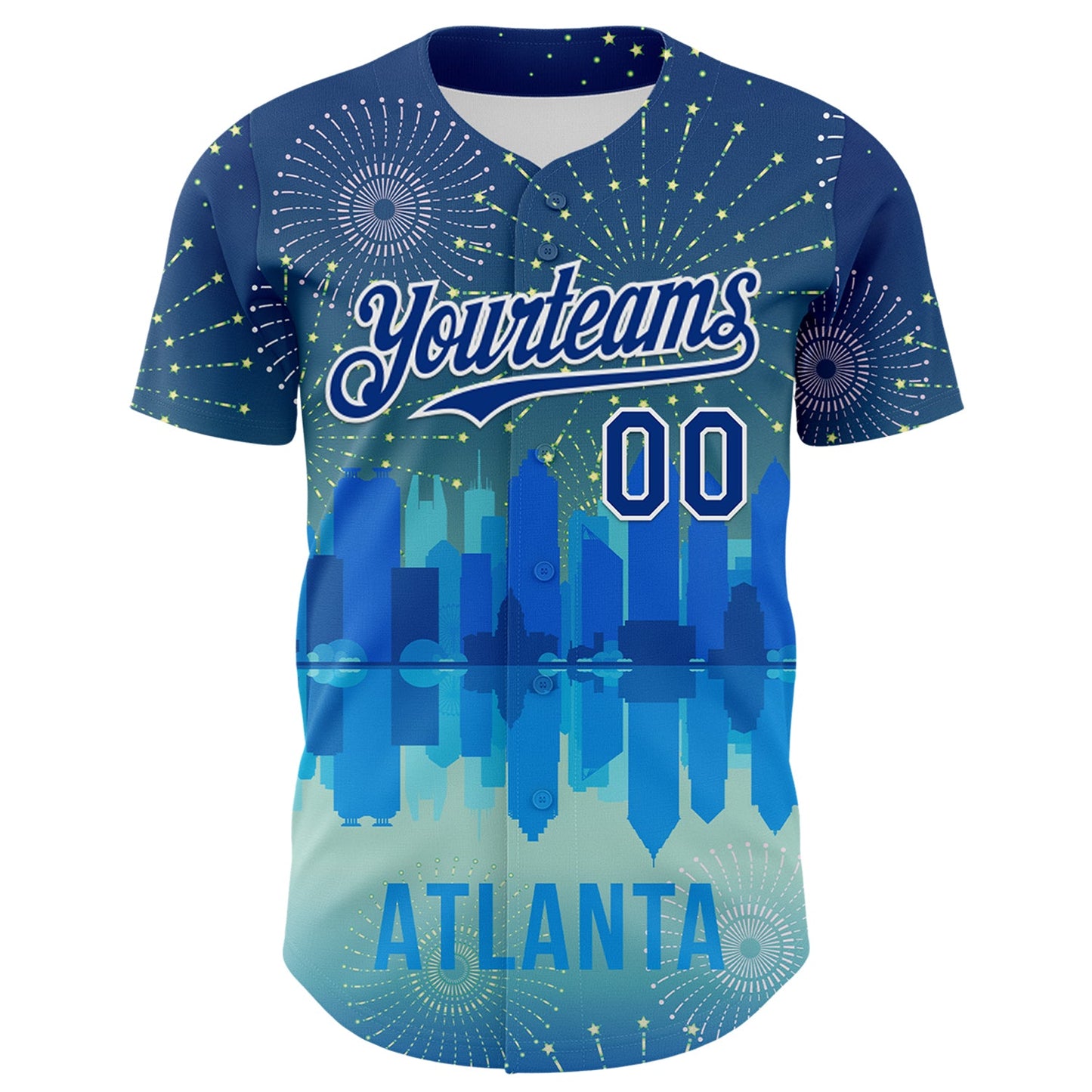 Custom Blue Royal-White 3D Pattern Design Atlanta Cityscape Fireworks Authentic Baseball Jersey view 2