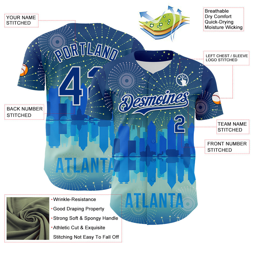Custom Blue Royal-White 3D Pattern Design Atlanta Cityscape Fireworks Authentic Baseball Jersey view 3