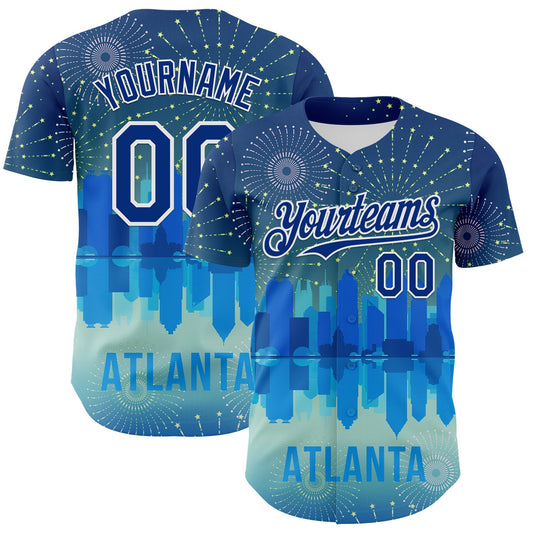 Custom Blue Royal-White 3D Pattern Design Atlanta Cityscape Fireworks Authentic Baseball Jersey - Main View