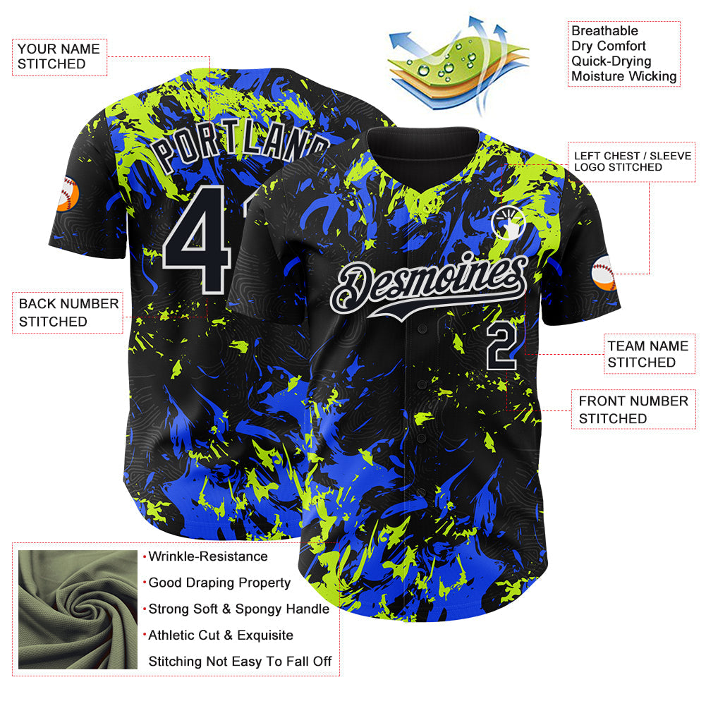 Custom Black Royal Neon Green-White Splash Authentic Baseball Jersey view 3