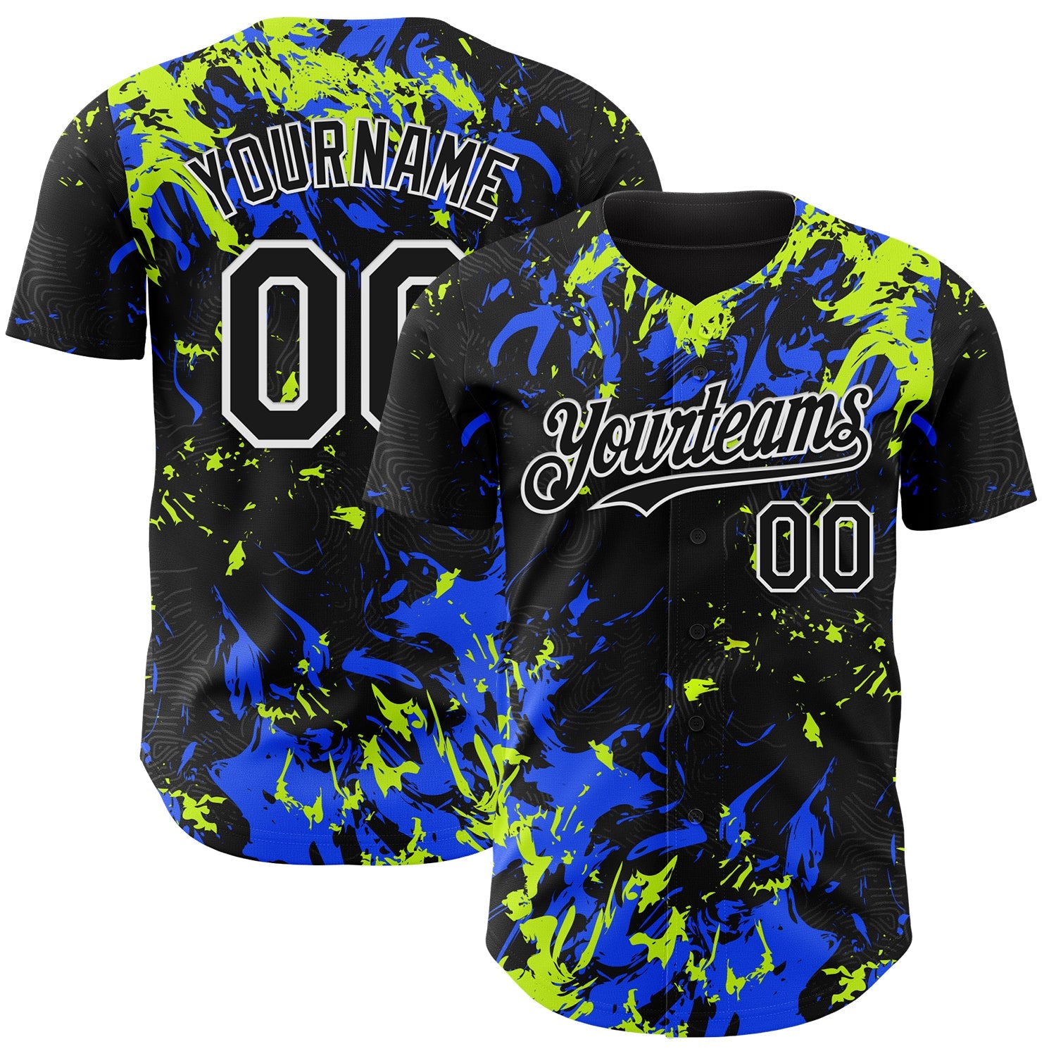 Custom Black Royal Neon Green-White Splash Authentic Baseball Jersey - Main View