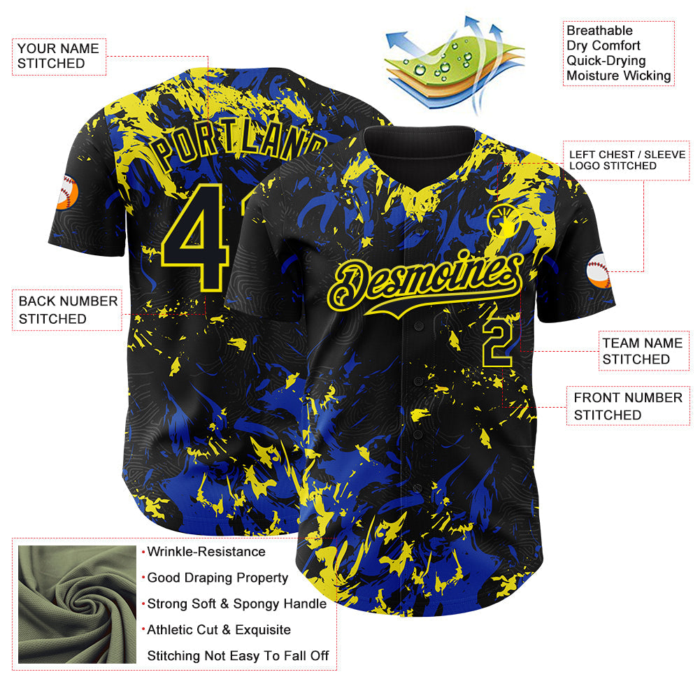 Custom Black Thunder Blue-Light Yellow Splash Authentic Baseball Jersey view 3