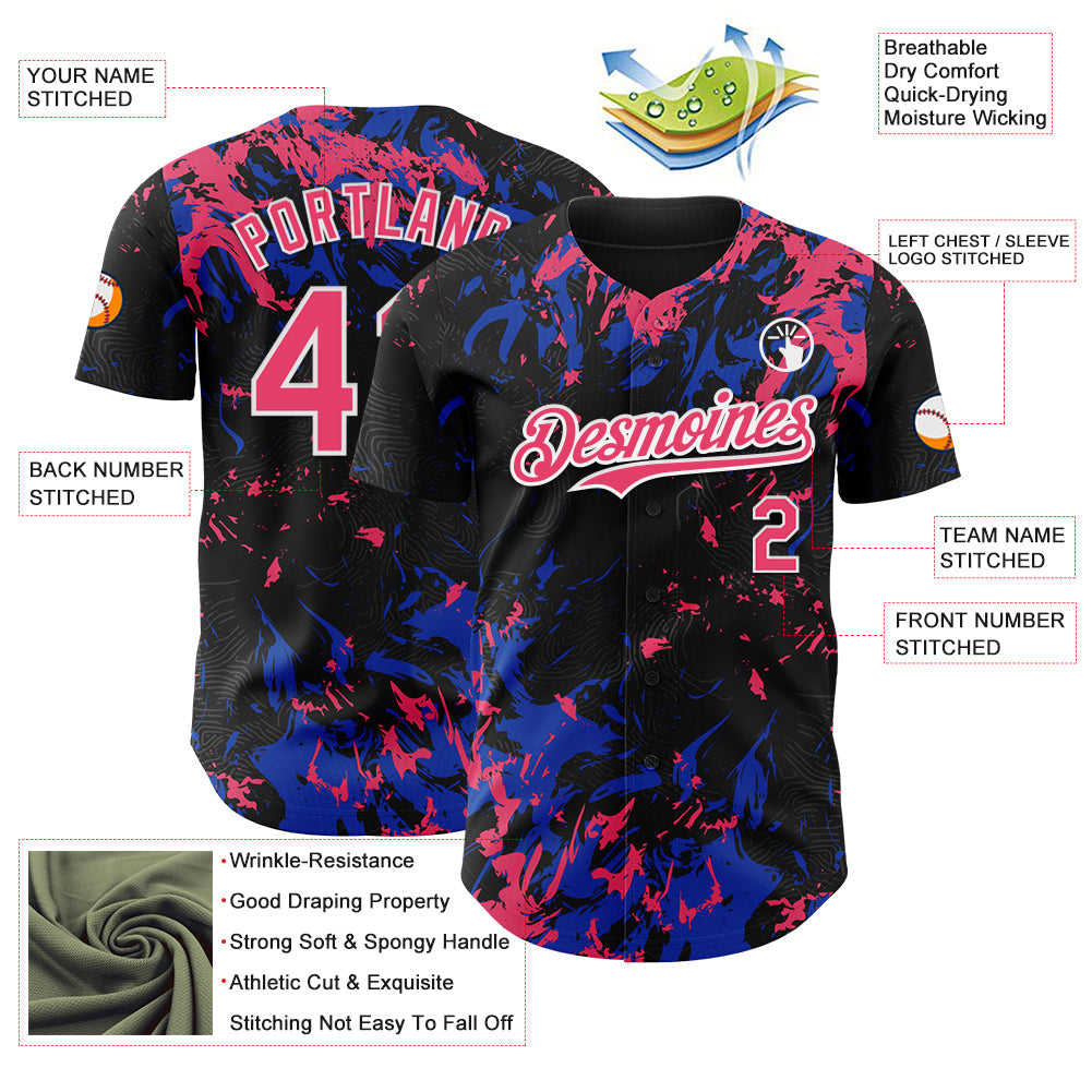 Custom Black Neon Pink Thunder Blue-White Splash Authentic Baseball Jersey view 3