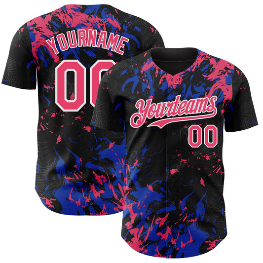 Custom Black Neon Pink Thunder Blue-White Splash Authentic Baseball Jersey - Main View