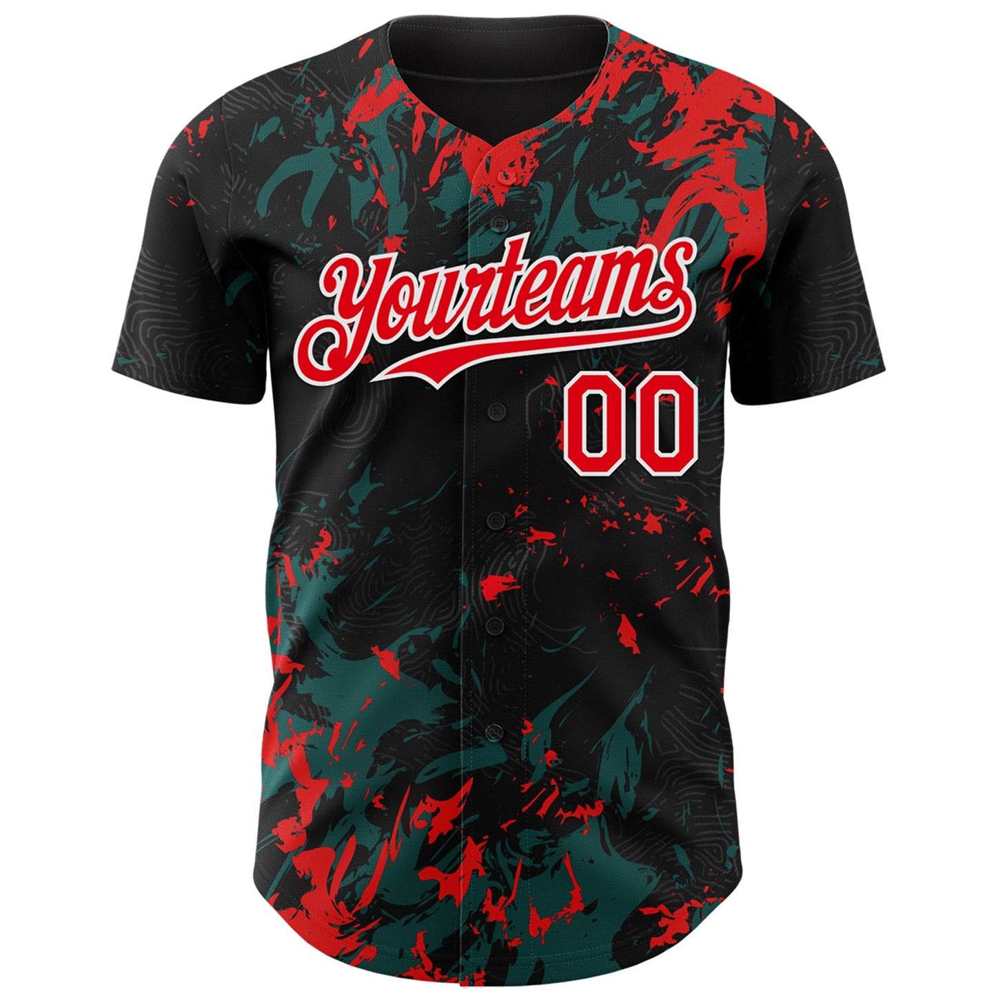 Custom Black Fire Red Midnight Green-White Splash Authentic Baseball Jersey view 2