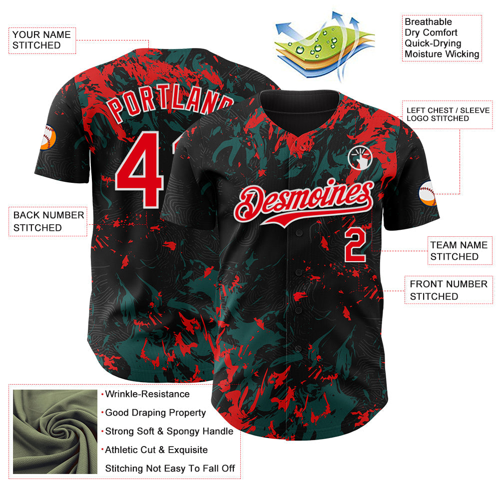 Custom Black Fire Red Midnight Green-White Splash Authentic Baseball Jersey view 3