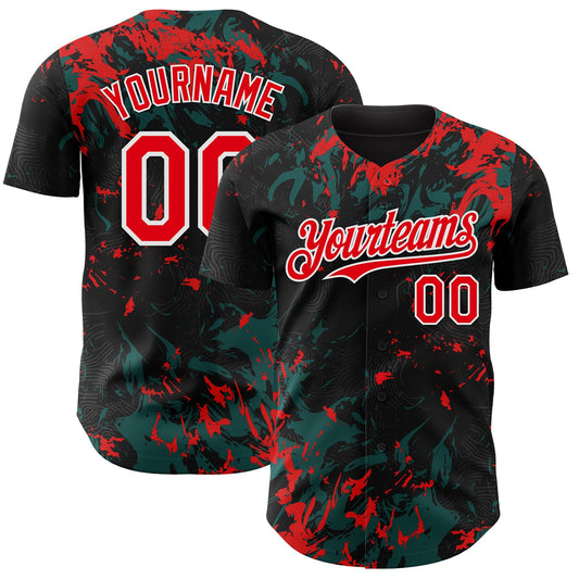 Custom Black Fire Red Midnight Green-White Splash Authentic Baseball Jersey - Main View