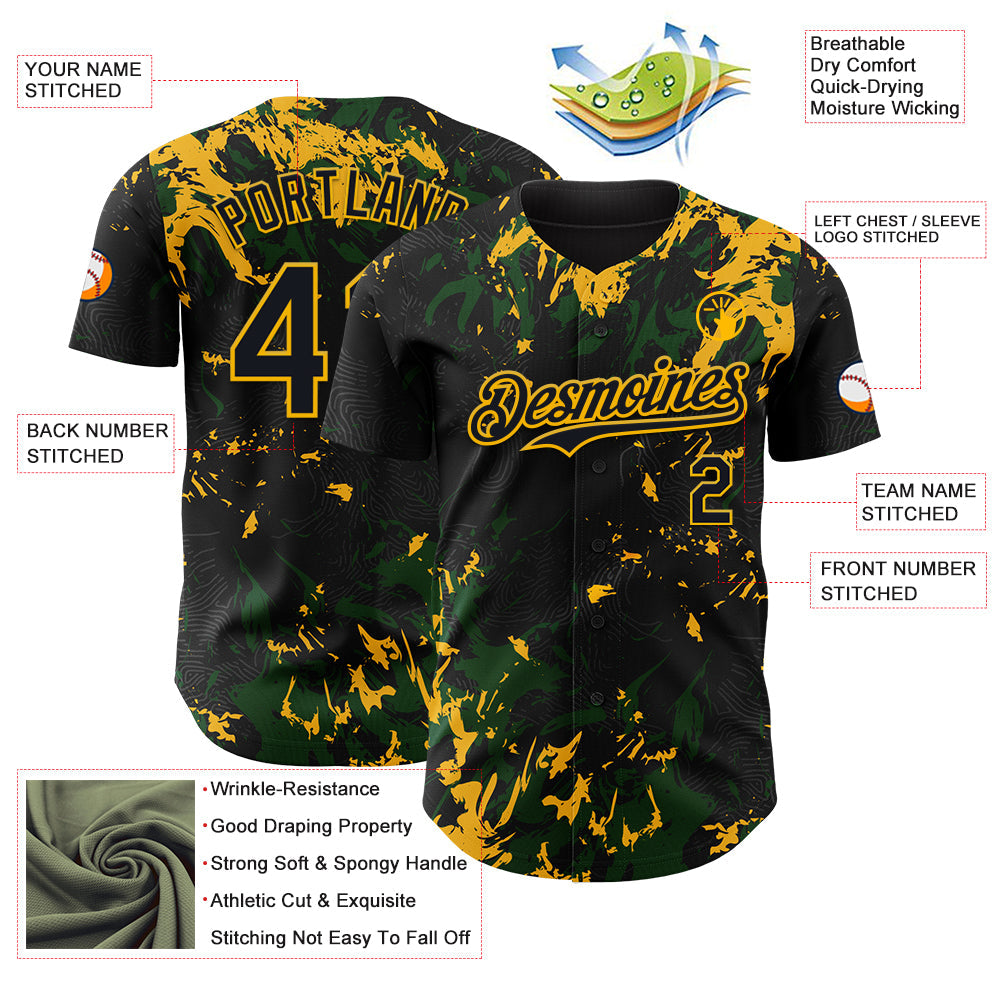Custom Black Green-Gold Splash Authentic Baseball Jersey view 3