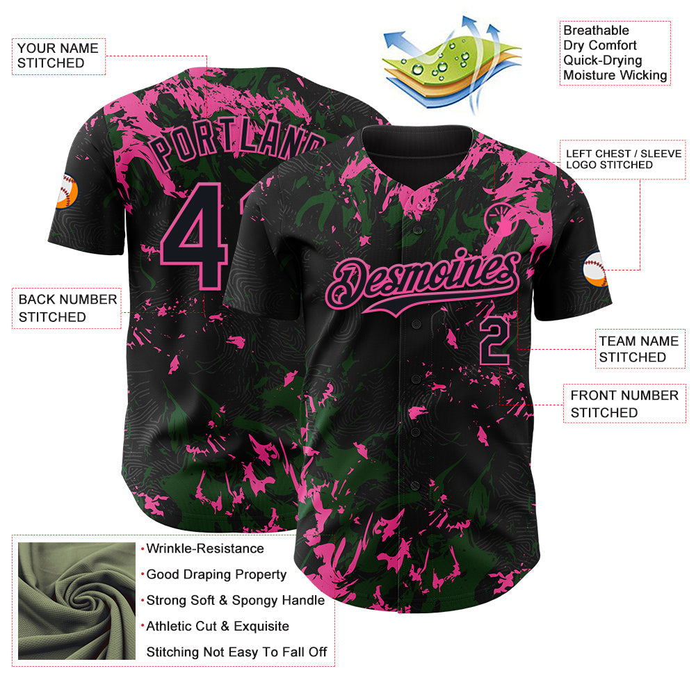 Custom Black Green-Pink Splash Authentic Baseball Jersey view 3
