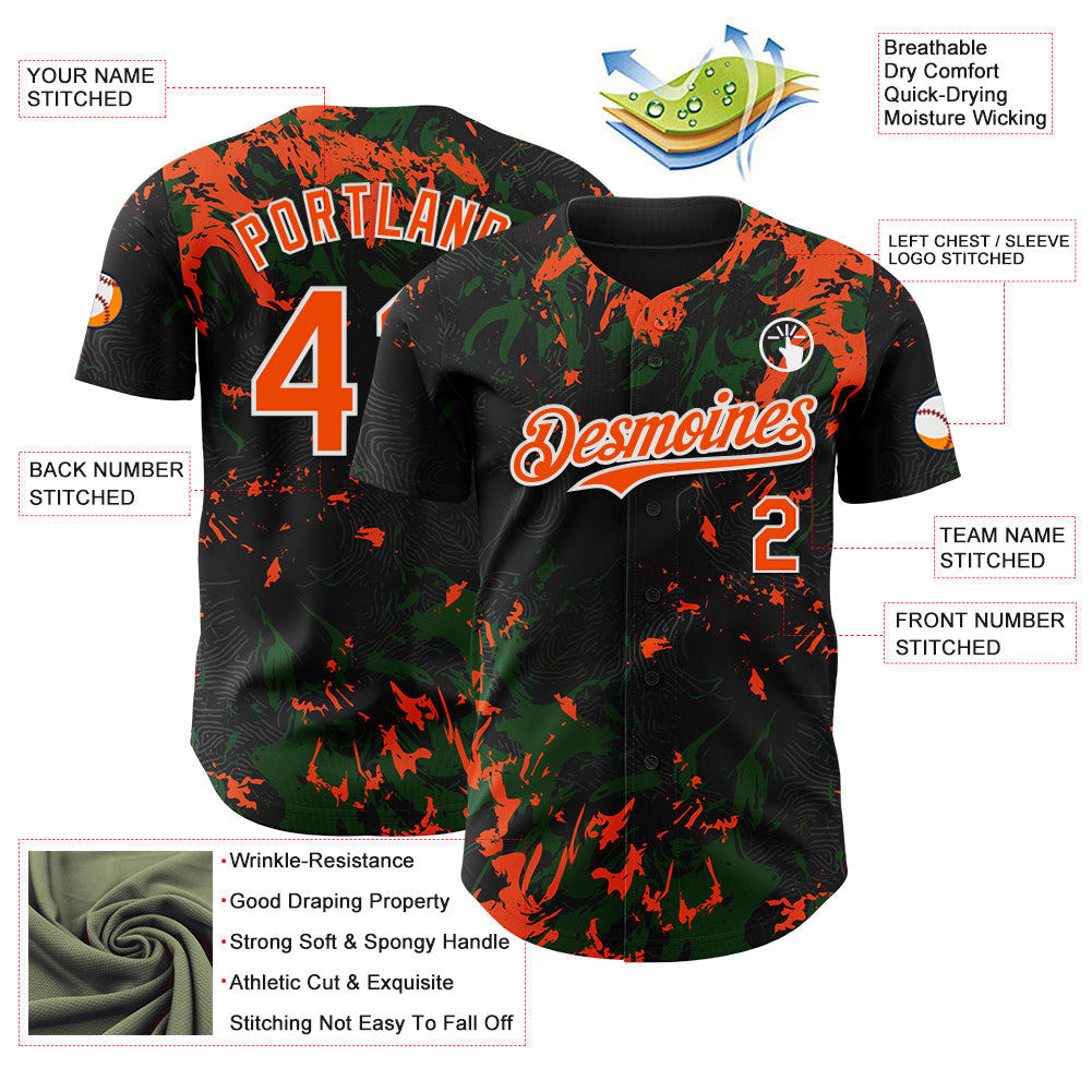 Custom Black Orange Green-White Splash Authentic Baseball Jersey view 3