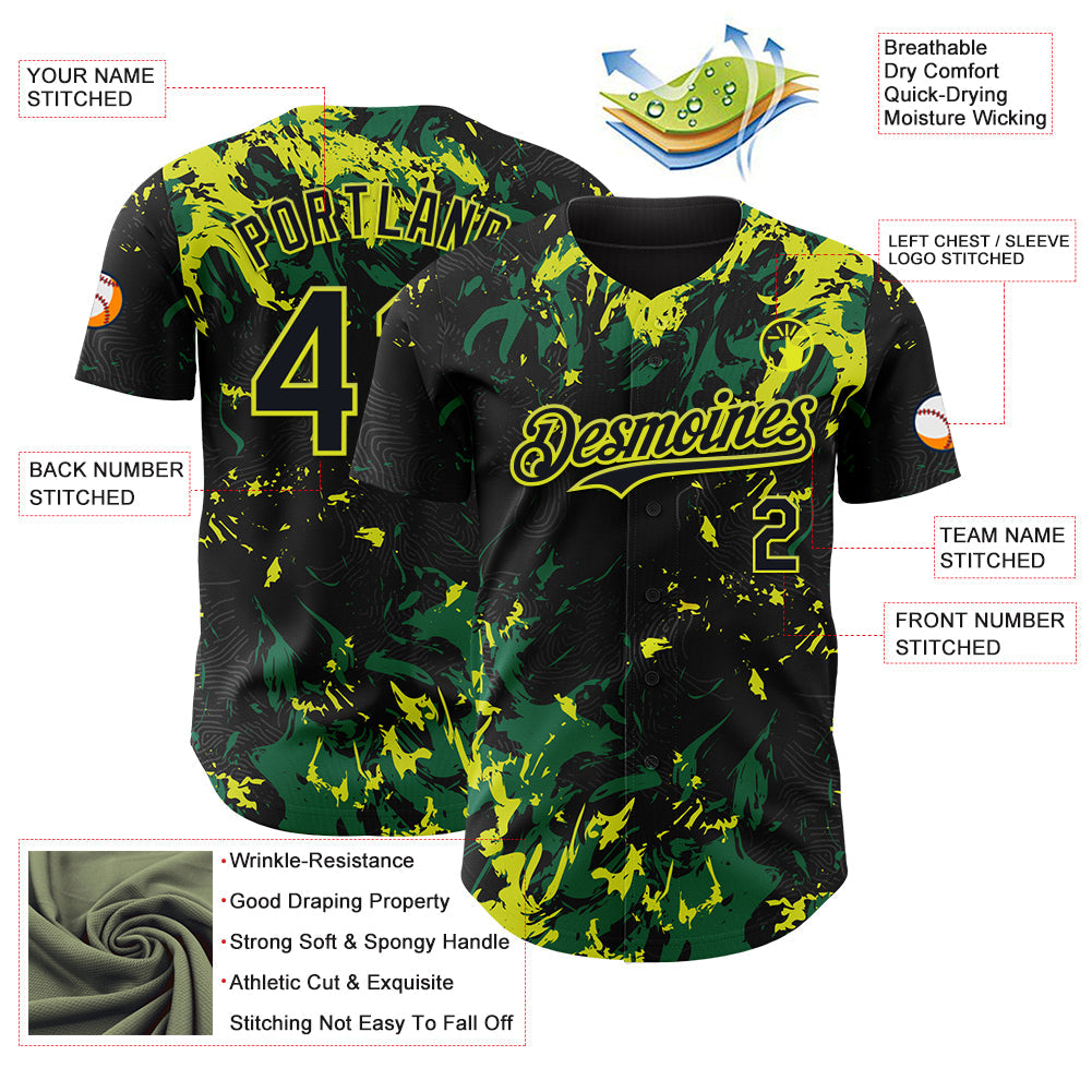 Custom Black Kelly Green-Neon Yellow Splash Authentic Baseball Jersey view 3