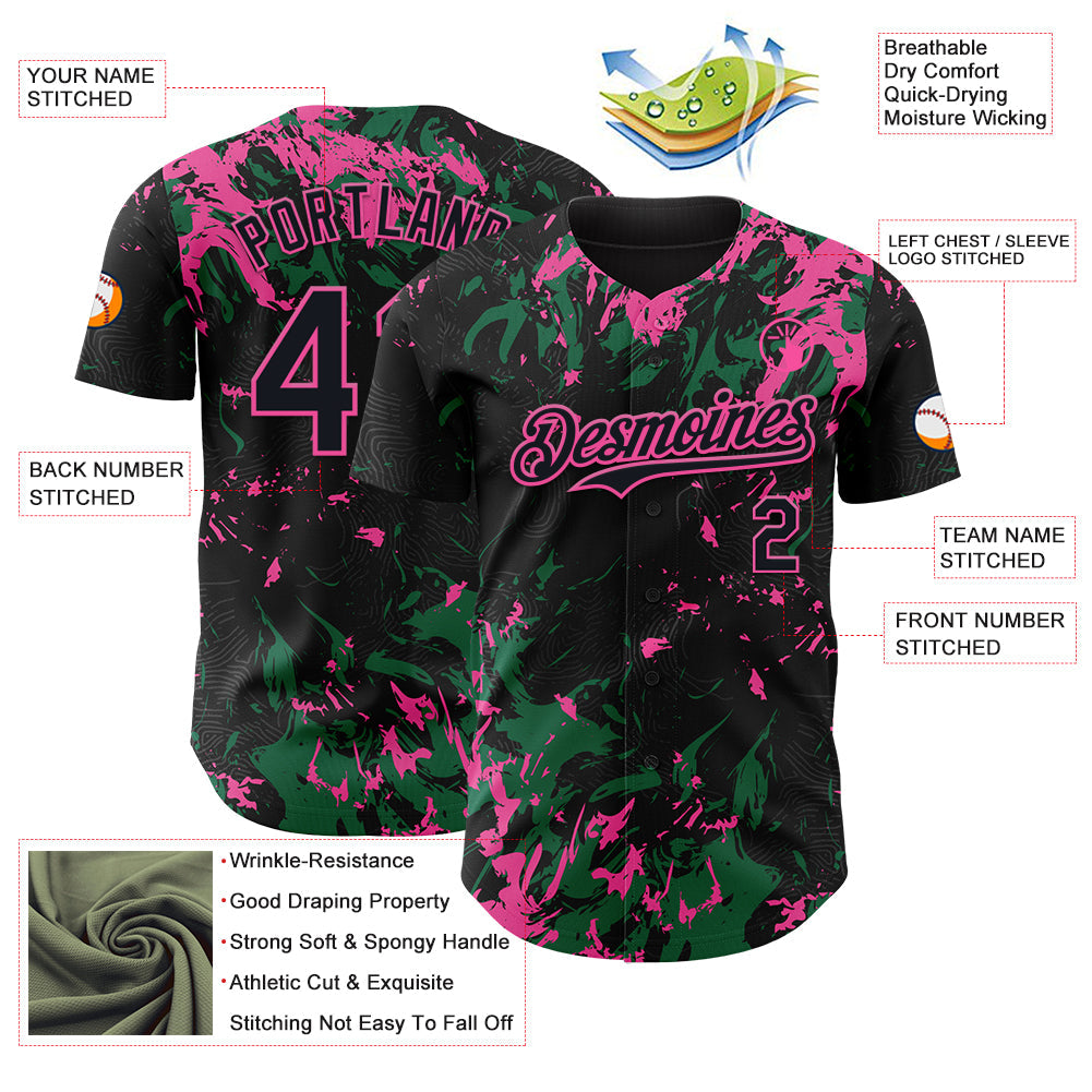 Custom Black Kelly Green-Pink Splash Authentic Baseball Jersey view 3