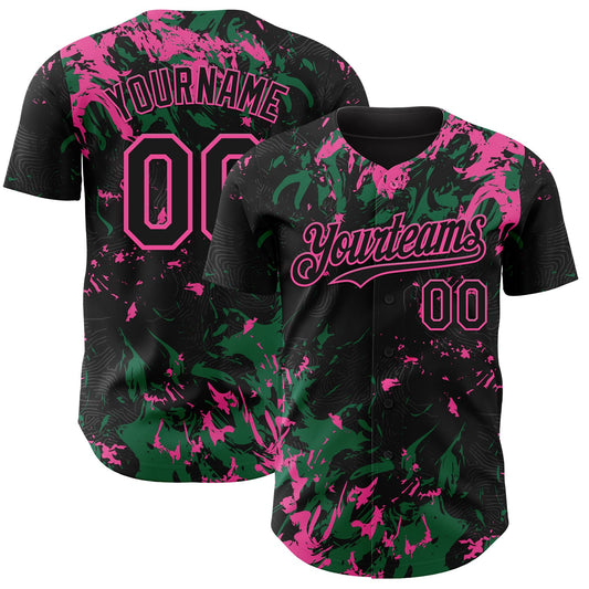 Custom Black Kelly Green-Pink Splash Authentic Baseball Jersey - Main View