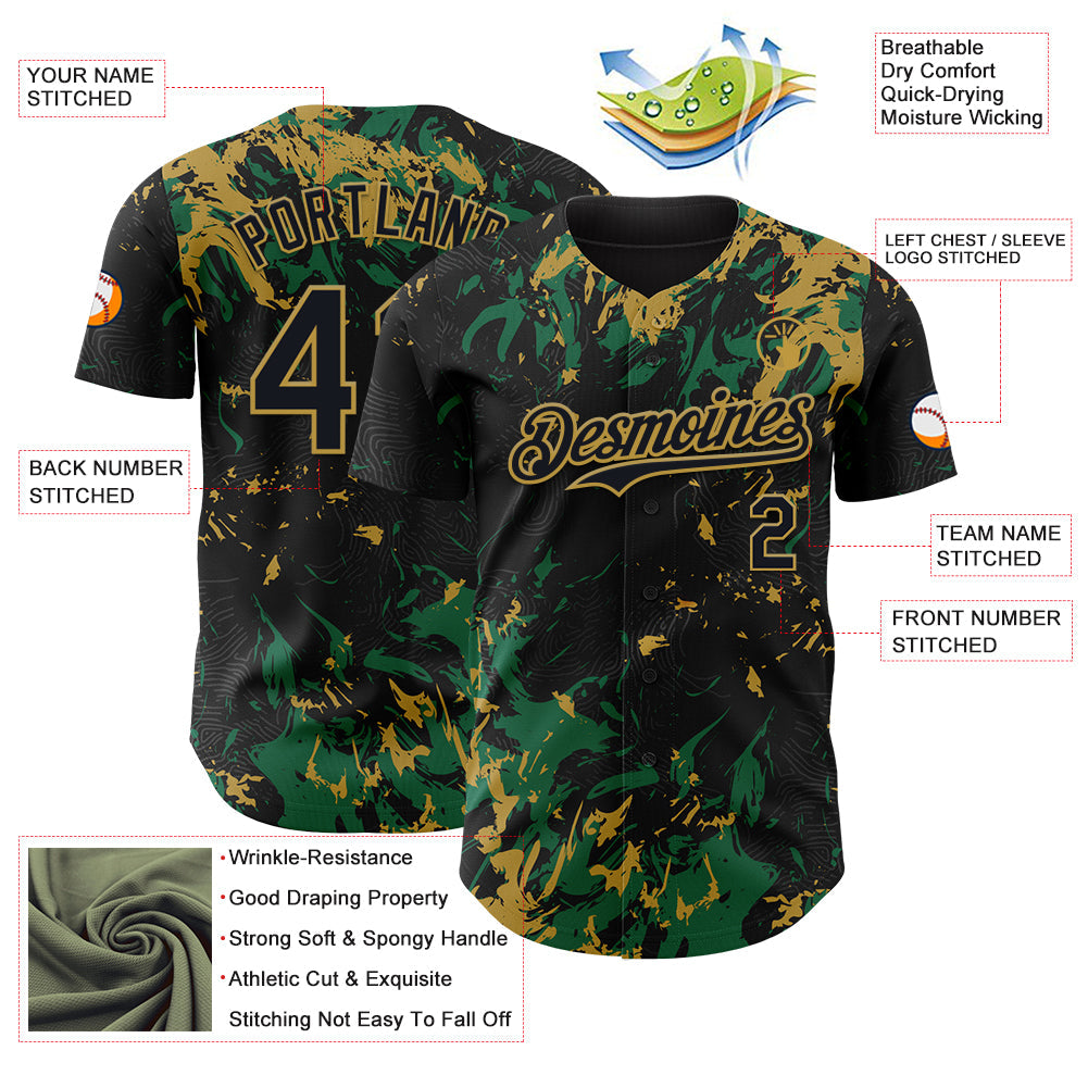 Custom Black Kelly Green-Old Gold Splash Authentic Baseball Jersey view 3