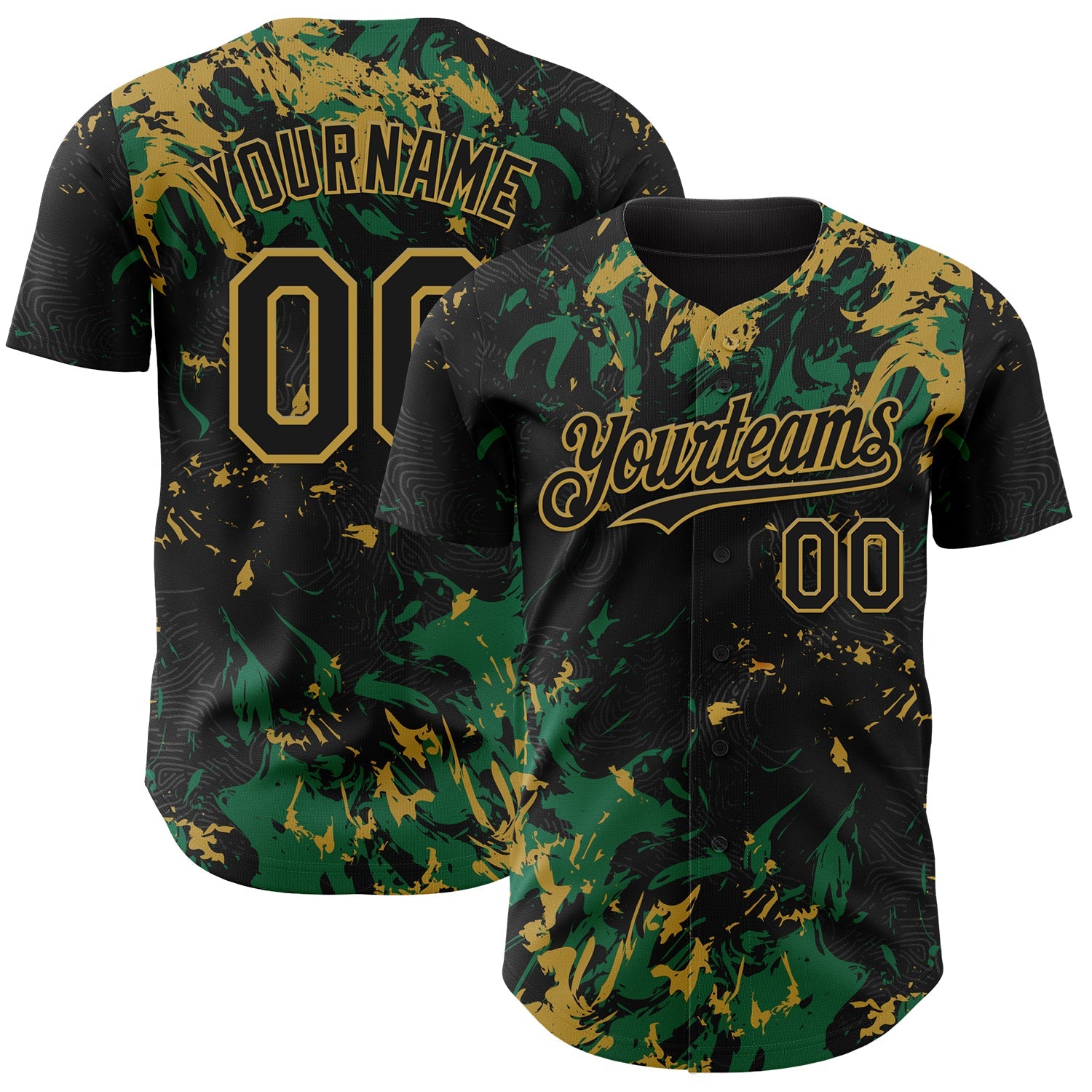 Custom Black Kelly Green-Old Gold Splash Authentic Baseball Jersey - Main View