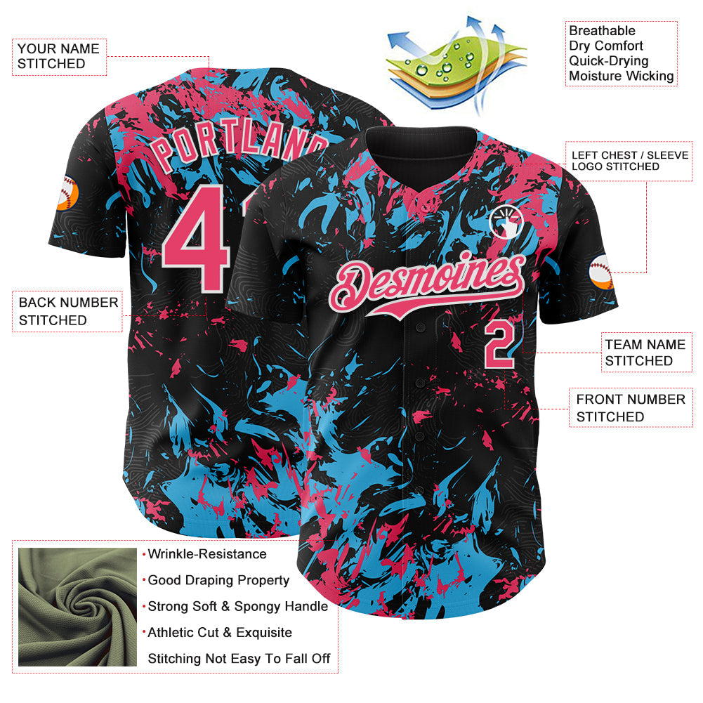 Custom Black Neon Pink Sky Blue-White Splash Authentic Baseball Jersey view 3