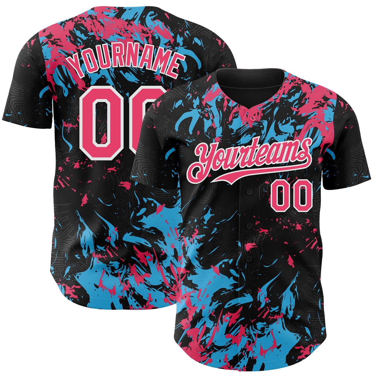 Custom Black Neon Pink Sky Blue-White Splash Authentic Baseball Jersey - Main View