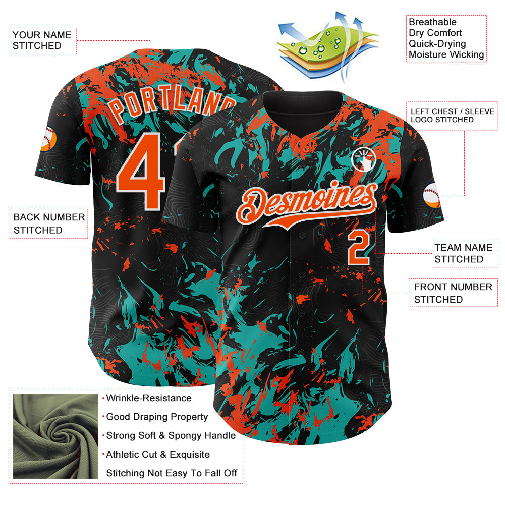 Custom Black Orange Aqua-White Splash Authentic Baseball Jersey view 3