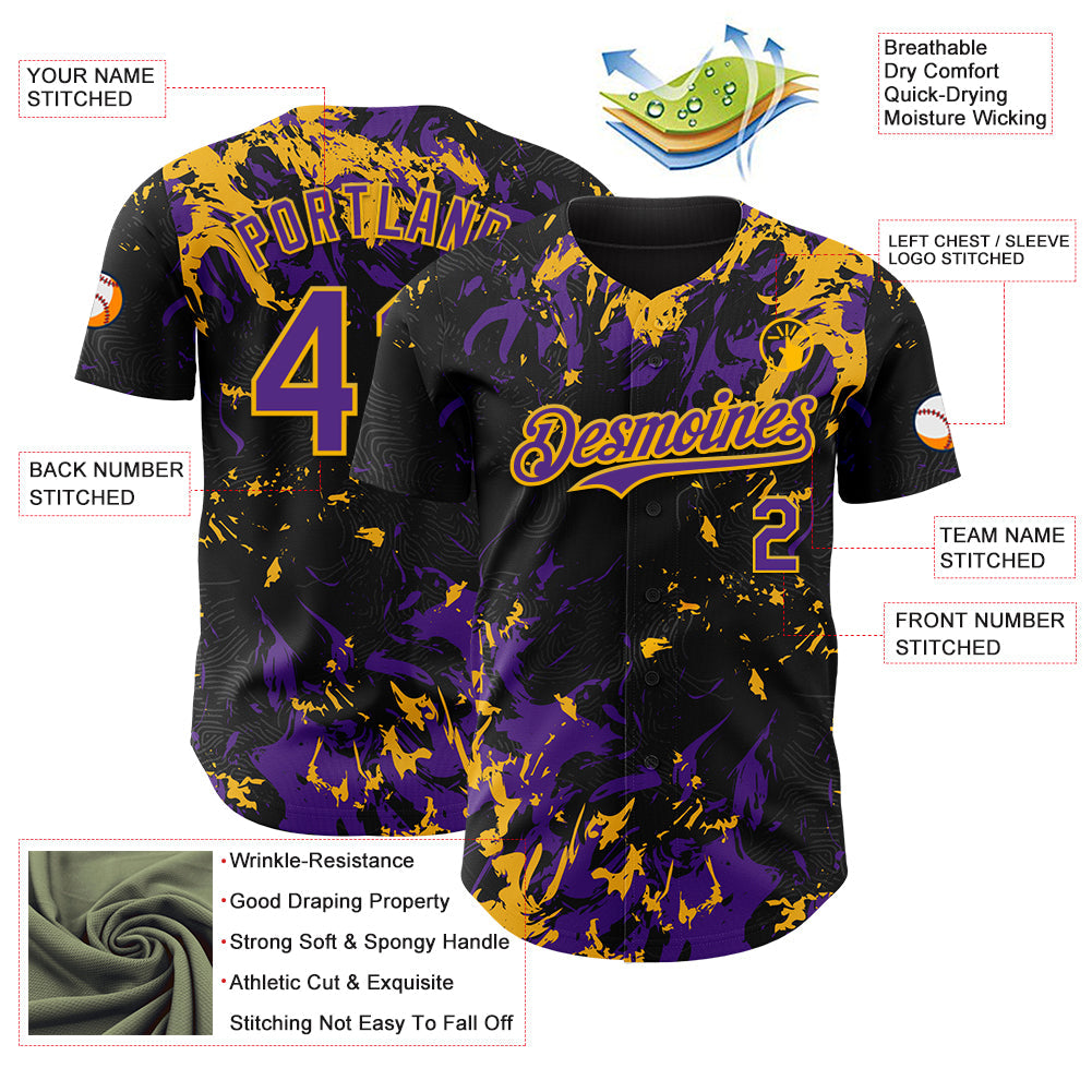 Custom Black Purple-Gold Splash Authentic Baseball Jersey view 3