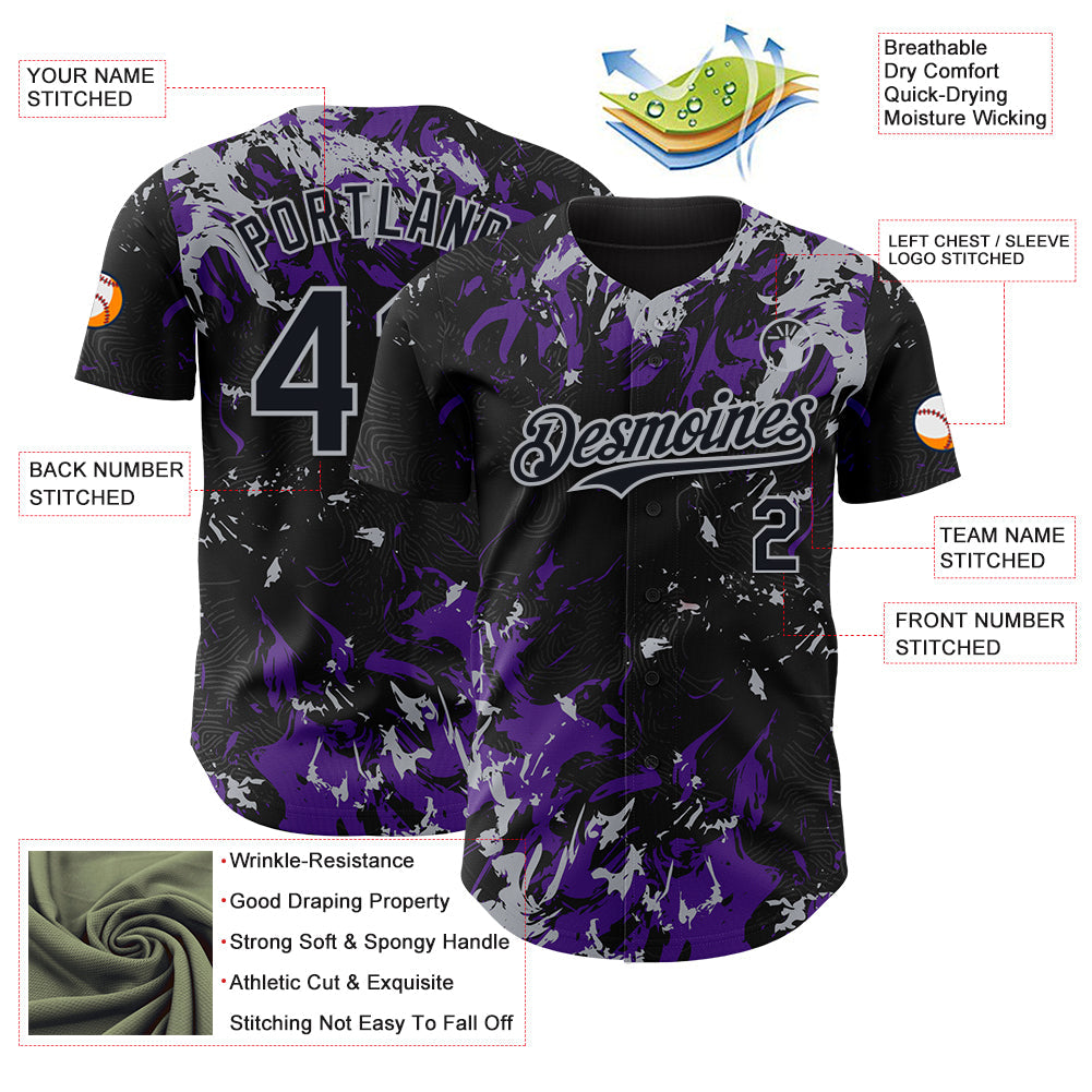 Custom Black Purple-Gray Splash Authentic Baseball Jersey view 3